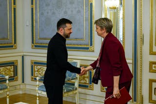 Foreign Secretary Yvette Cooper shakes hands with Ukrainian President Volodymyr Zelensky, in Kyiv